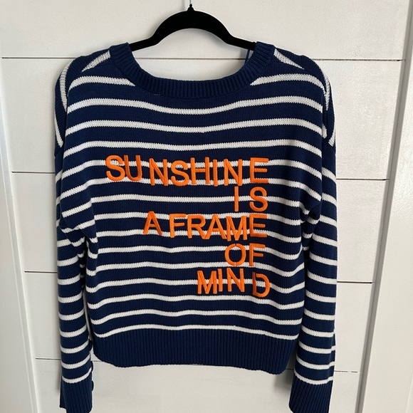 NWT KERRI ROSENTHAL knit striped embroidered font graphic V neck knit sweater M - Picture 2 of 12